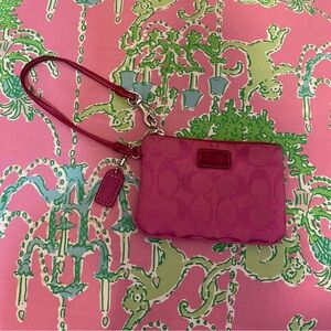Vintage Y2K Coach Jacquard Monogram Pink Zip Pouch Wristlet